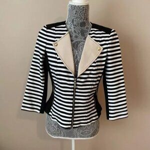 NWOT White House Black Market (WHBM) 3/4 Sleeve Stripe Ponte Moto Jacket, Size 6